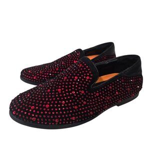 JoDano Collection Mens Black Velvet Slip-On Shoes With Red Rhinestones 12.5"